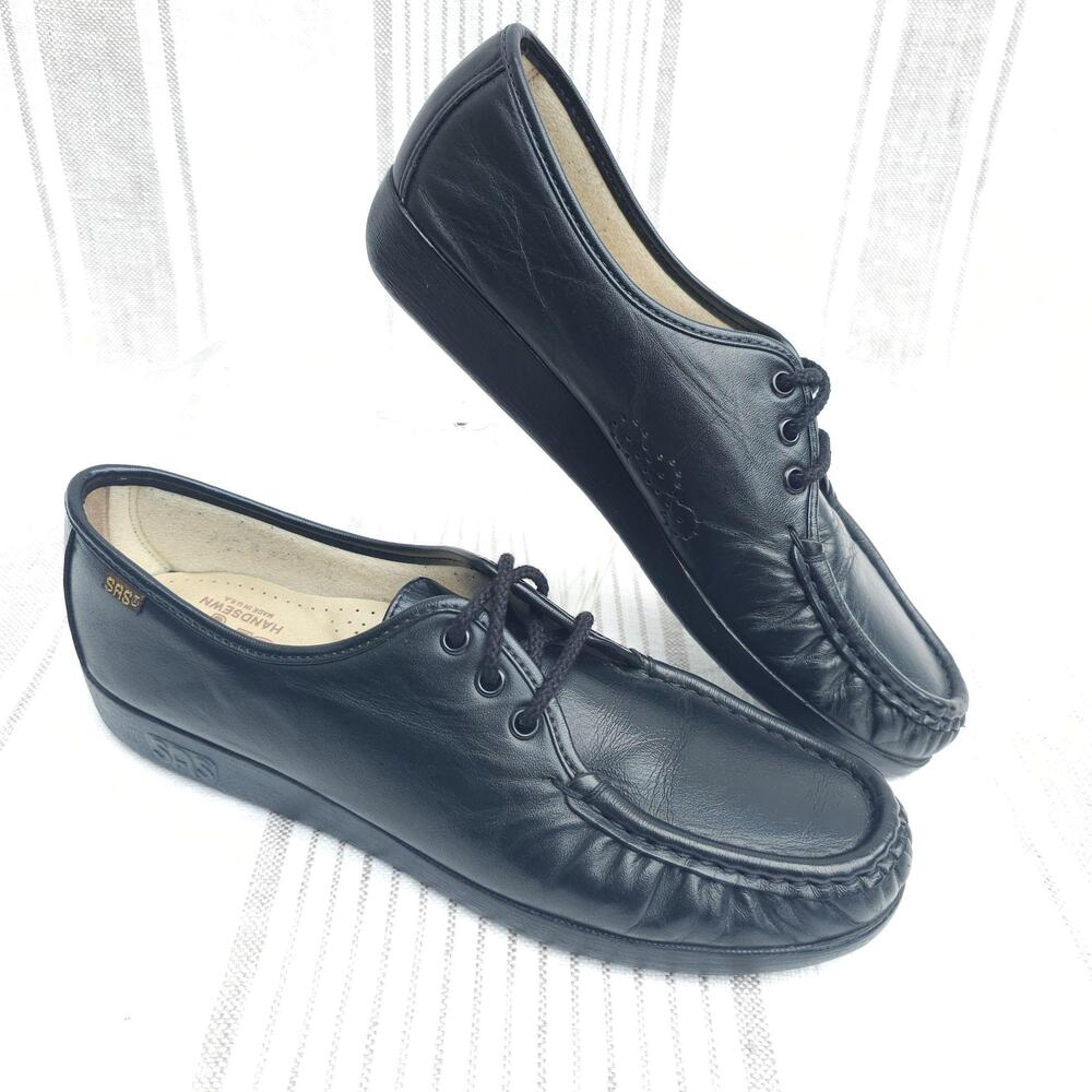 SAS Siesta Moc Toe Shoes Womens 9.5 Black Leather Lace Up Comfort Loafers USA